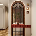 Elegant Entryway Hallway Interior Design With Arched Window Green Plant And Decorative Paintings