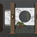 Modern Entryway Hallway With Marble Wall Circular Decor Bamboo Plant And Wall Lamps