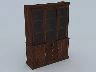 Classic Dark Brown Wooden Bookcase With Glass Doors Drawers And Golden Handles 3d model
