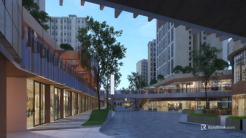 Modern Commercial Street With Open Pedestrian Area Trees And Glass Storefronts 3d model 