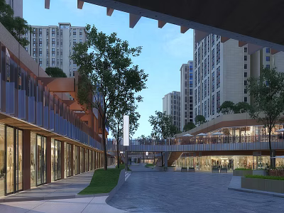 Modern Commercial Street With Open Pedestrian Area Trees And Glass Storefronts 3d model