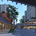 Modern Commercial Street With Open Pedestrian Area Trees And Glass Storefronts