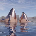 Silver Whale Sculptures in Water with Reflections Blue Sky and White Cube Buildings Background