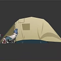Beige Camping Tent With Folding Chair Gas Stove Sleeping Bag And Person Resting Outdoors