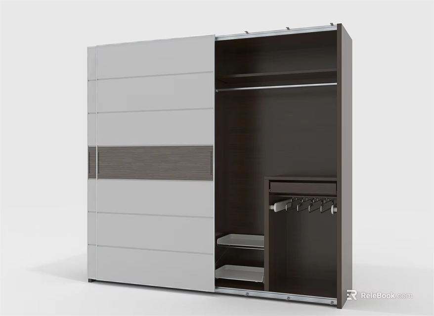 Modern Sliding Door Wardrobe With White And Dark Wood Finish Featuring Internal Shelves And Hooks 3d model 