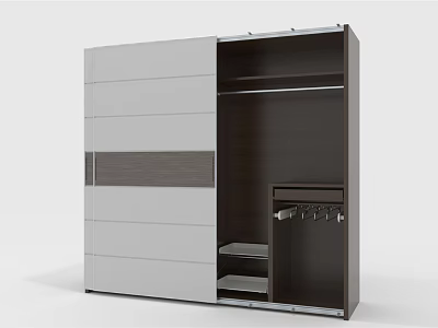 Modern Sliding Door Wardrobe With White And Dark Wood Finish Featuring Internal Shelves And Hooks 3d model