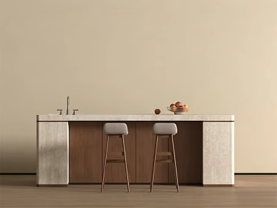 Minimalist Modern Kitchen Interior With White Island Countertop Faucet Fresh Fruits And Bar Stools 3d model