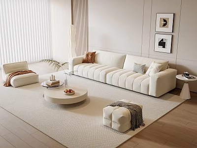 Modern Cream Sofa Coffee Table Set With Round Table Footstool Carpet And Wall Art 3d model