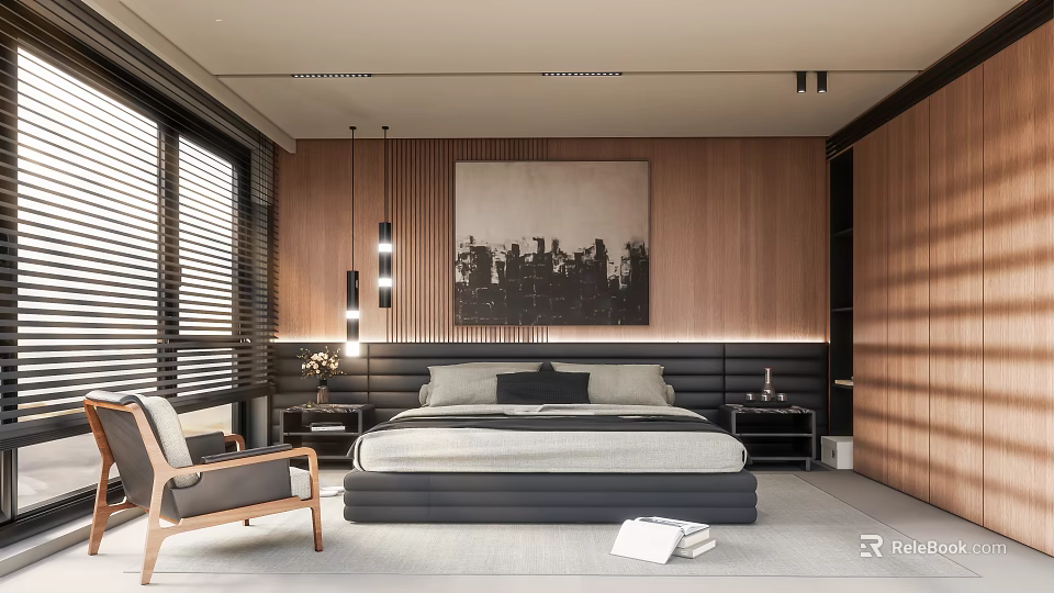 Modern Bedroom Interior With Wooden Walls Large Artwork Bed Nightstands And Window Blinds 3d model 