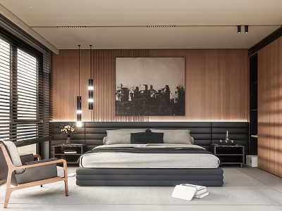 Modern Bedroom Interior With Wooden Walls Large Artwork Bed Nightstands And Window Blinds 3d model