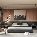 Modern Bedroom Interior With Wooden Walls Large Artwork Bed Nightstands And Window Blinds