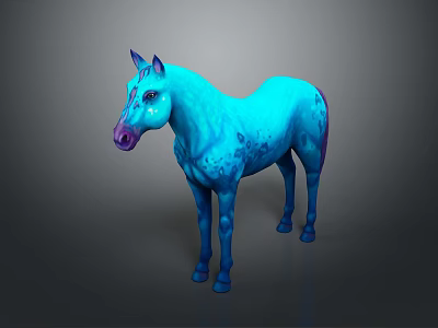 Vibrant Blue Horse With Blue And Purple Spots Standing On Gray Background 3d model