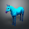 Vibrant Blue Horse With Blue And Purple Spots Standing On Gray Background