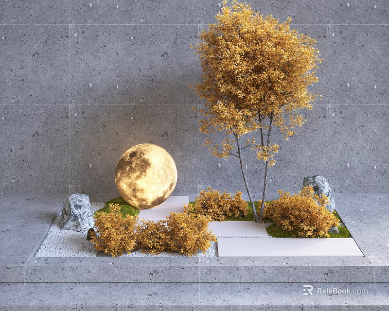 Garden Ornament Scene Featuring Golden Trees Glowing Sphere Small Stones And Green Grass 3d model 