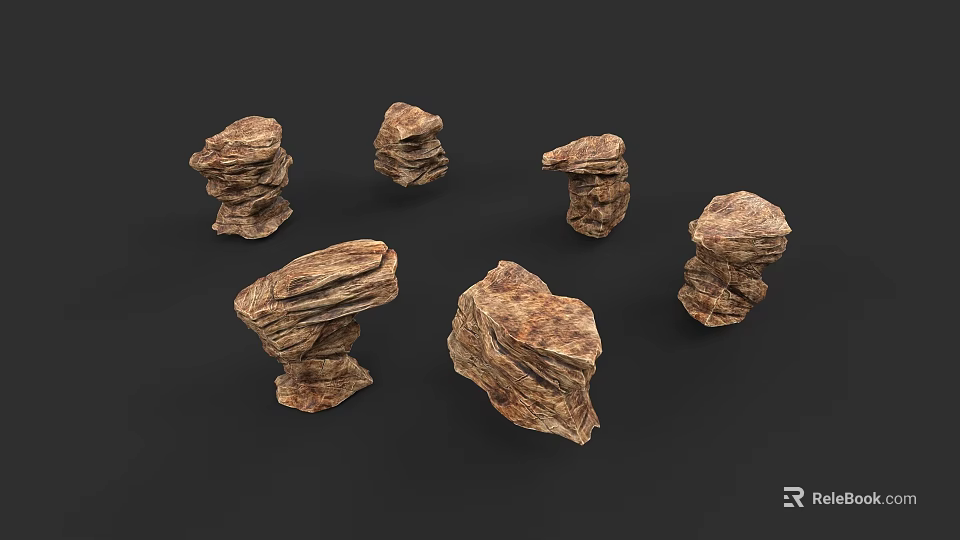 Six Brown Wooden Stone Pieces With Various Shapes And Textured Surfaces On Black Background 3d model 