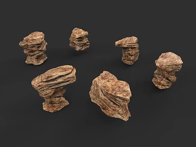Six Brown Wooden Stone Pieces With Various Shapes And Textured Surfaces On Black Background 3d model