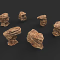 Six Brown Wooden Stone Pieces With Various Shapes And Textured Surfaces On Black Background