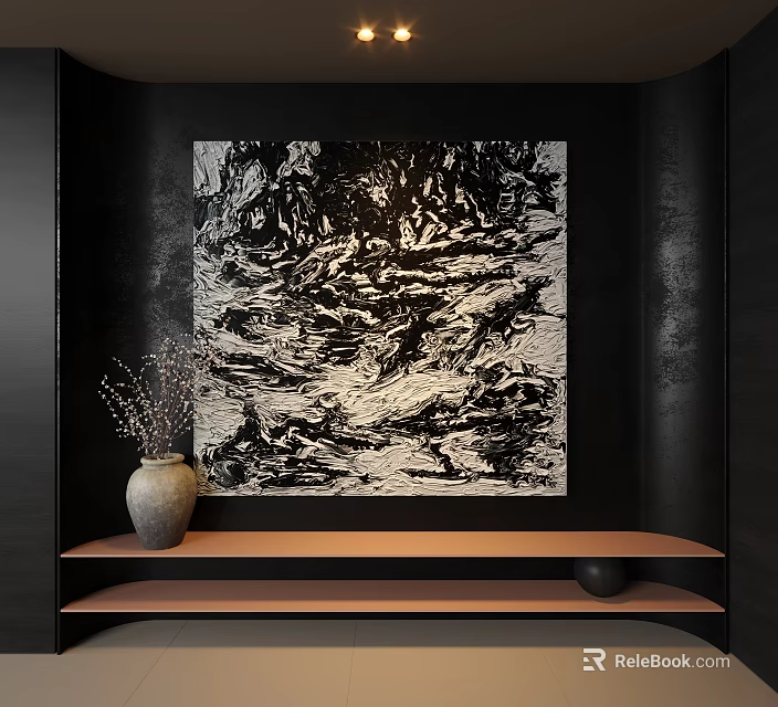 Abstract Black And White Oil Painting On Dark Wall With Ceramic Vase And Wooden Shelf 3d model 