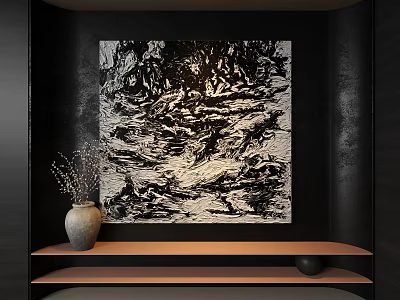Abstract Black And White Oil Painting On Dark Wall With Ceramic Vase And Wooden Shelf 3d model