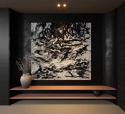 Abstract Black And White Oil Painting On Dark Wall With Ceramic Vase And Wooden Shelf 3d model