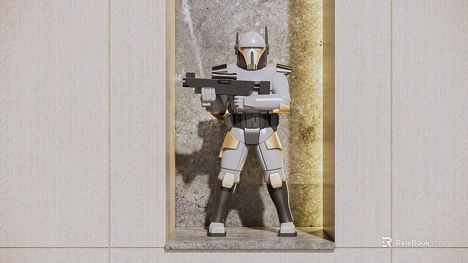 Electric Toy Warrior Figure in Armor Holding Blaster Weapon Standing by Gray Wall 3d model 