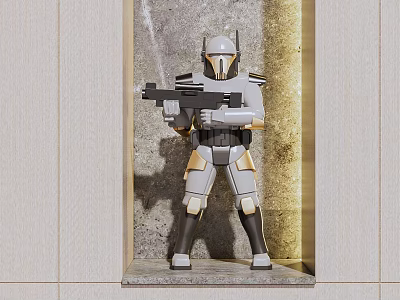 Electric Toy Warrior Figure in Armor Holding Blaster Weapon Standing by Gray Wall 3d model
