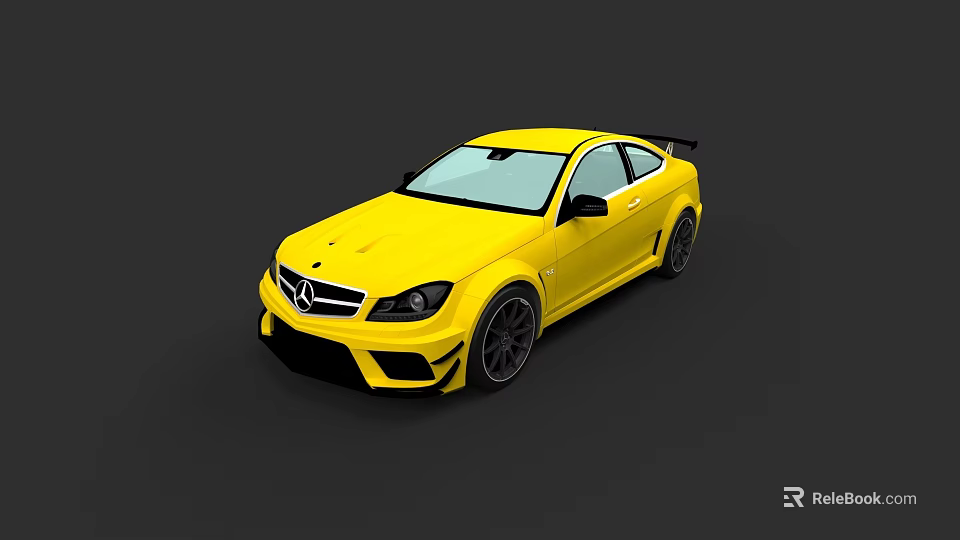 Yellow Mercedes Two Door Sports Car With Rear Spoiler And Black Wheels 3d model 