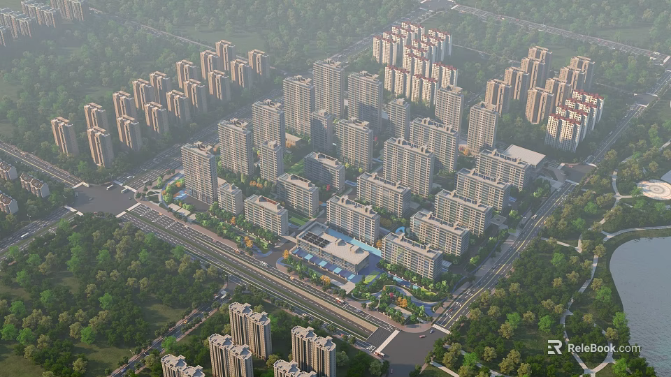 Aerial Planning of Modern Residential Community With High Rise Buildings Green Spaces and Systematic Layout 3d model 