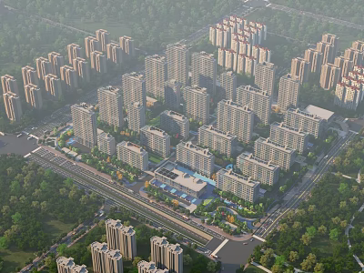 Aerial Planning of Modern Residential Community With High Rise Buildings Green Spaces and Systematic Layout 3d model