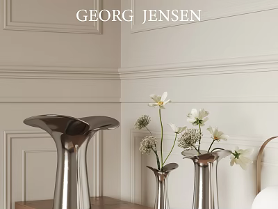 Georg Jensen Artistic Silver Vases With White Blooms On Elegant Paneled Walls 3d model