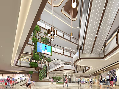Shopping Mall Interior With Multiple Floors Hanging Lights Digital Screens Green Plant Walls And Pedestrians 3d model