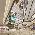 Shopping Mall Interior With Multiple Floors Hanging Lights Digital Screens Green Plant Walls And Pedestrians