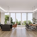 Modern Office Interior With Large Windows Greenery Outside Desk Sofa And Bookshelf 3d model