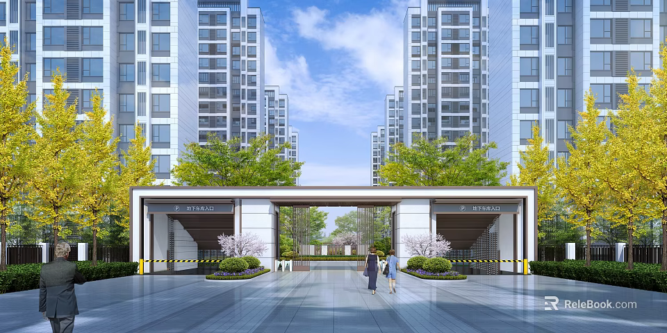 Modern Residential Entrance Gate With High Rise Buildings Trees And People Under Blue Sky 3d model 