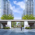 Modern Residential Entrance Gate With High Rise Buildings Trees And People Under Blue Sky