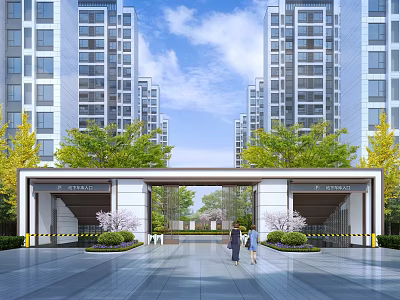 Modern Residential Entrance Gate With High Rise Buildings Trees And People Under Blue Sky 3d model