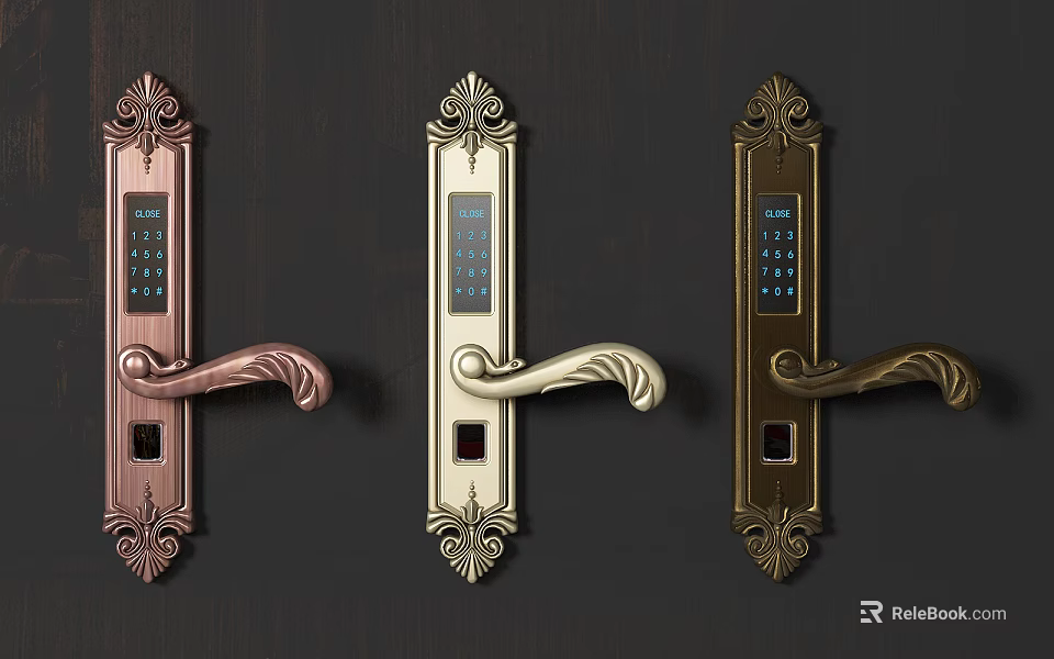 Three Stylish Smart Door Handles Featuring Digital Keypad And Ornate Designs 3d model 