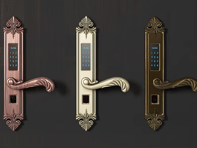 Three Stylish Smart Door Handles Featuring Digital Keypad And Ornate Designs 3d model