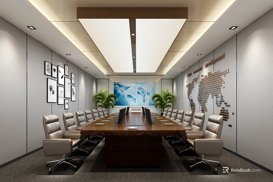 Modern Conference Room With Long Wooden Table Chairs World Map Decorative Paintings And Green Plants 3d model 