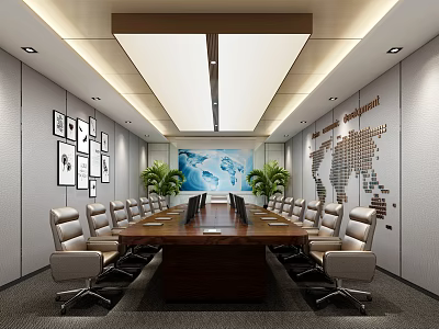 Modern Conference Room With Long Wooden Table Chairs World Map Decorative Paintings And Green Plants 3d model