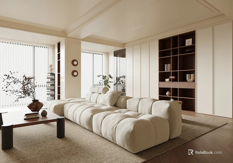 Modern Open Concept Living Dining Room With Beige Sofa Bookshelf Green Plants And Large Windows 3d model 