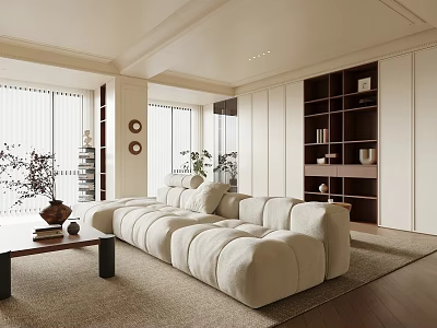 Modern Open Concept Living Dining Room With Beige Sofa Bookshelf Green Plants And Large Windows 3d model
