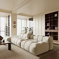 Modern Open Concept Living Dining Room With Beige Sofa Bookshelf Green Plants And Large Windows