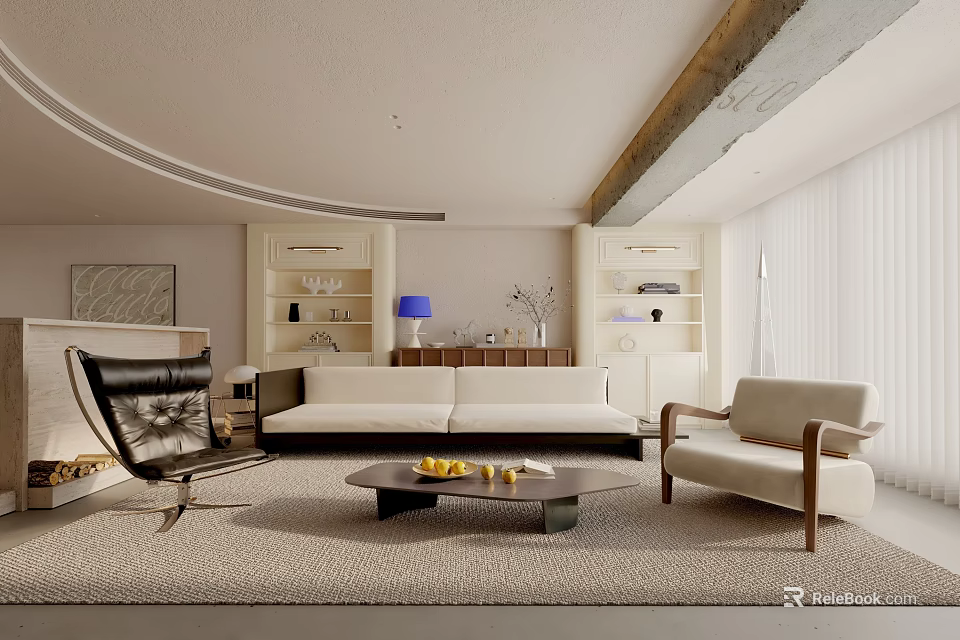 Modern Living Room Interior With White Sofa Black Leather Chair And Coffee Table 3d model 