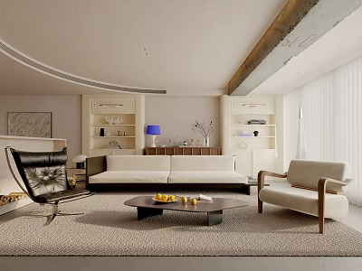 Modern Living Room Interior With White Sofa Black Leather Chair And Coffee Table 3d model