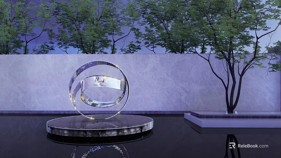 Transparent Spiral Sphere Sculpture On Circular Base With Trees And Gray Wall Reflection 3d model