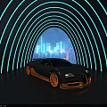 Black Gold Bugatti Car In Arched Structure With Neon Lights And City Night View