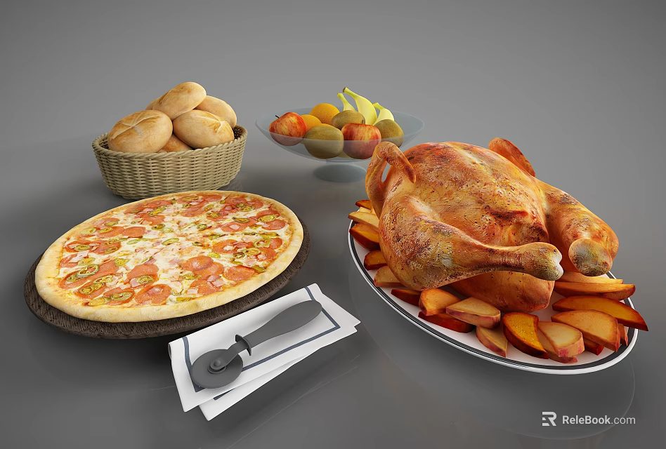 Fresh Assorted Food Platter With Roasted Chicken Pizza Bread Rolls And Fruits 3d model 