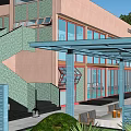 Pink Exterior Boutique Guesthouse Building With Large Glass Windows Surrounded By Trees And Pool Reflection