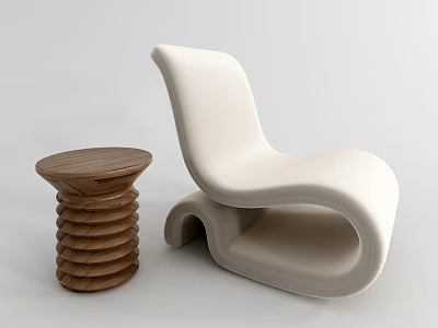 Modern White Leisure Chair With Curved Design And Round Wooden Side Table 3d model